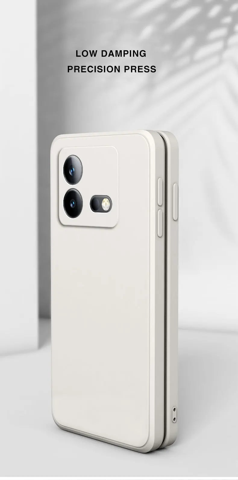 Smartphone with a white case and a prominent camera module featuring multiple lenses.