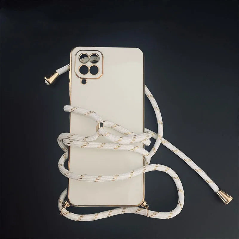 Smartphone with a white cord wrapped around it and a square camera module.