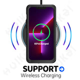 Smartphone on a wireless charging pad displaying battery charge status.