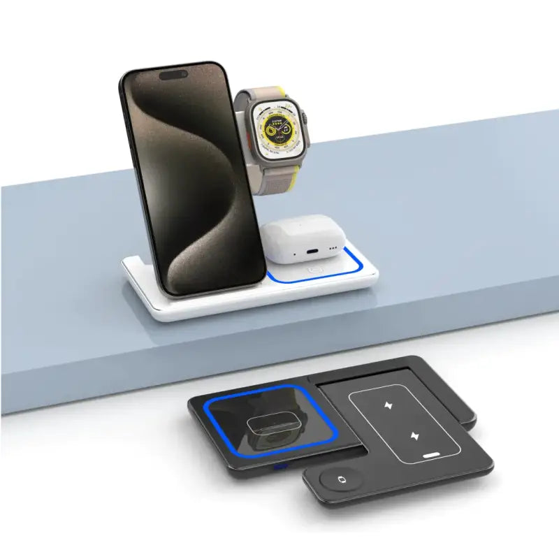 A smartphone and a wireless charging station