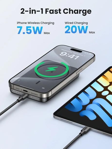 Smartphone displaying wireless and wired charging capabilities with power specifications.