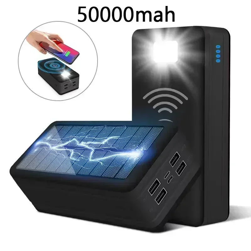 a solar power bank with a hand holding a phone