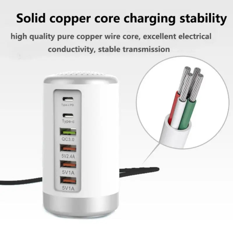 a white power strip with a red and green cable