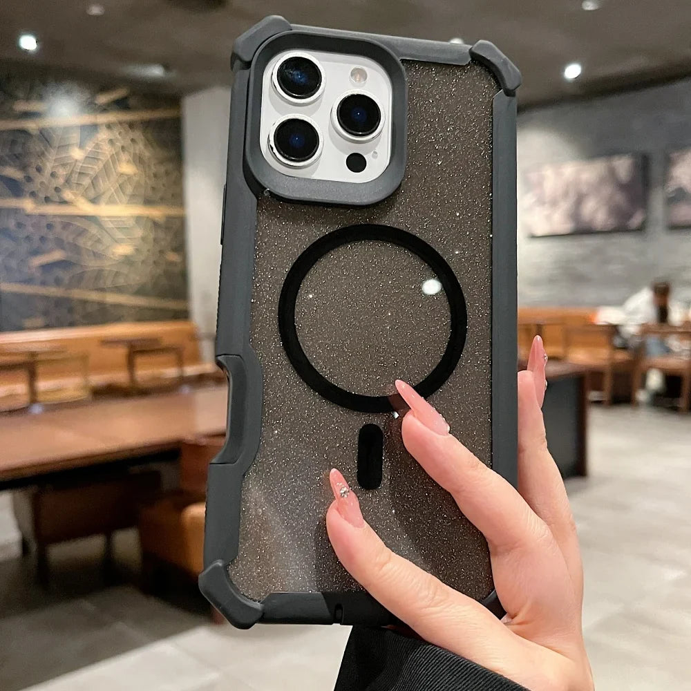 A sparkly black iPhone case with a MagSafe ring.