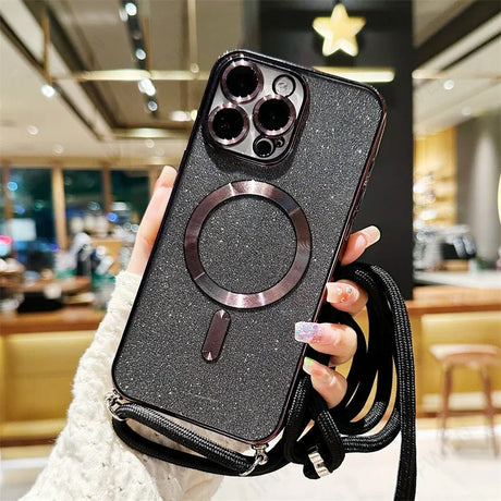 Sparkly black phone case with camera lens protection and lanyard.
