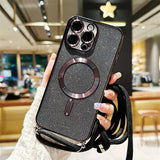 Sparkly black phone case with magnetic ring and lanyard.