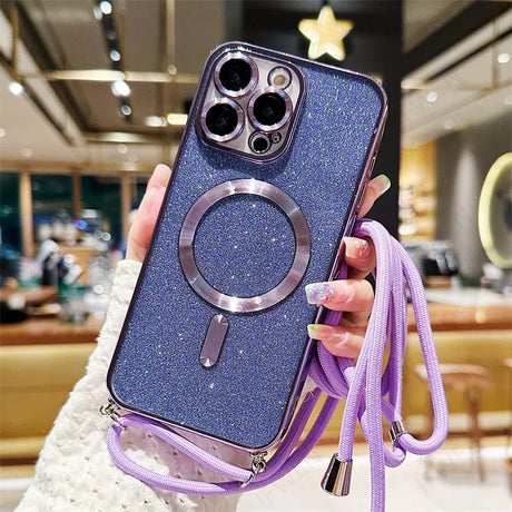 Sparkly blue iPhone case with a purple lanyard.