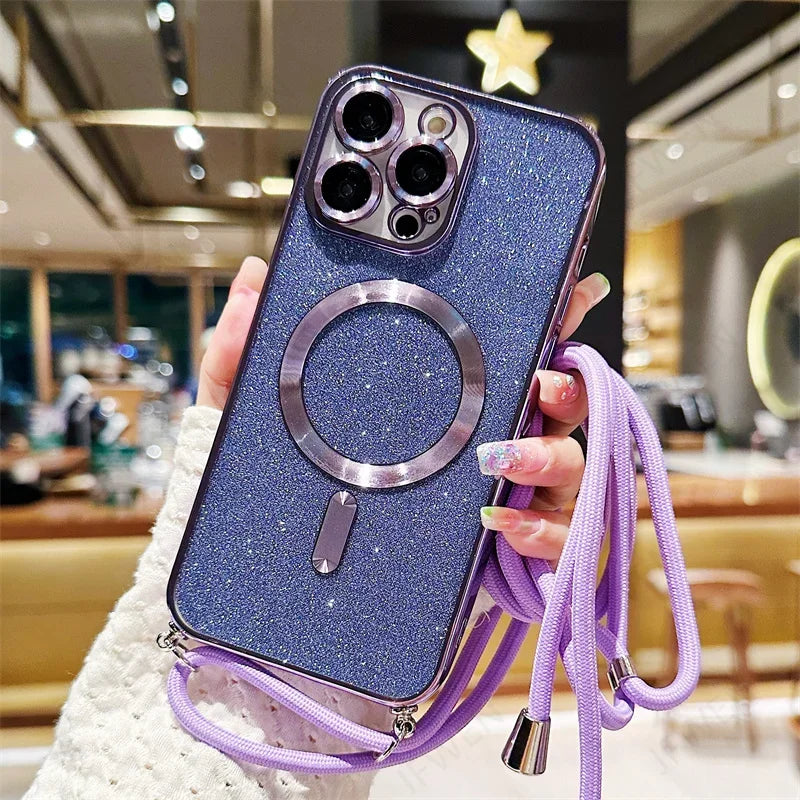 Sparkly blue iPhone case with a purple lanyard.