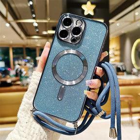 Sparkly blue phone case with lanyard.