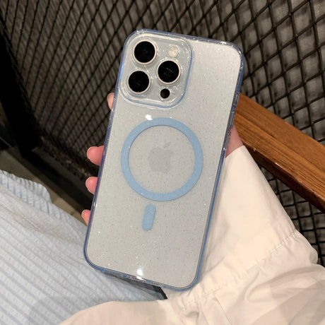 Sparkly iPhone in a blue case.