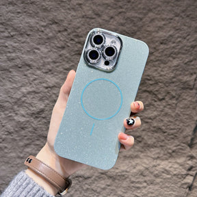 Sparkly light blue iPhone case with MagSafe ring.