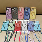 Sparkly phone cases with MagSafe rings and crossbody straps.
