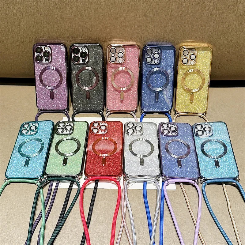 Sparkly phone cases with MagSafe rings and crossbody straps.