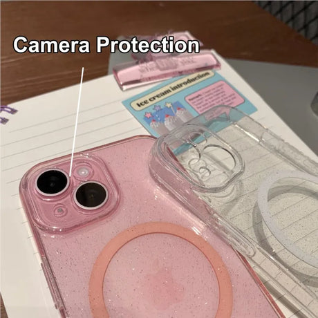 Sparkly pink phone case.