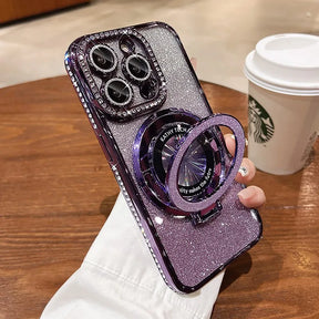 Sparkly purple phone case with ring stand.