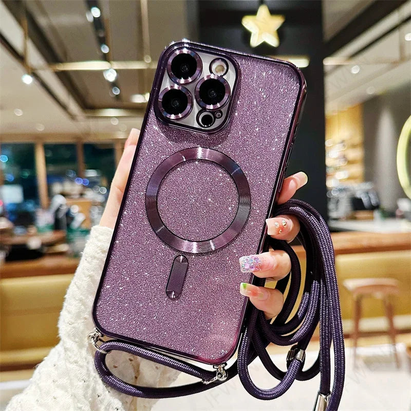 Sparkly purple phone case with a magnetic ring and lanyard.