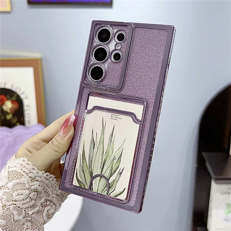Sparkly purple phone case with a clear card slot and camera lens protection.