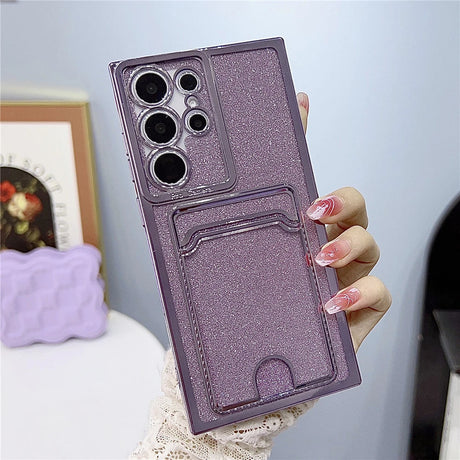 Sparkly purple phone case with a camera protector and card holder.
