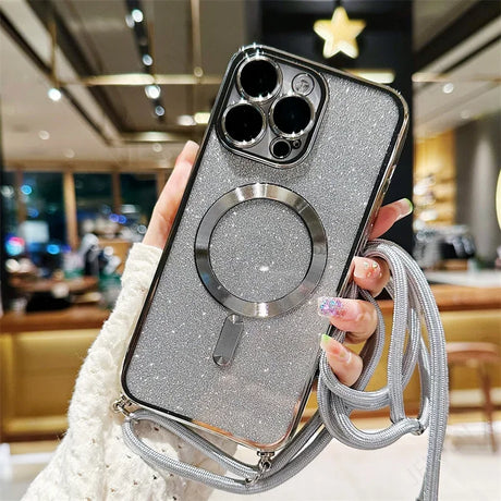 Sparkly silver phone case with lanyard.