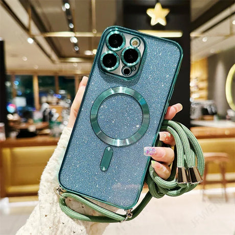 Sparkly teal phone case with green strap.
