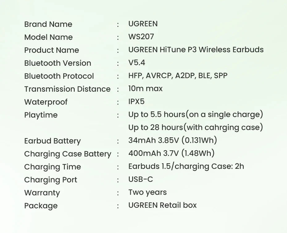 Specification sheet listing technical details for UGREEN HiTune P3 Wireless Earbuds.