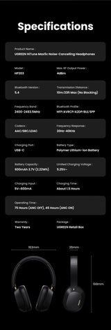 Specifications chart for headphones or audio equipment listing technical details.