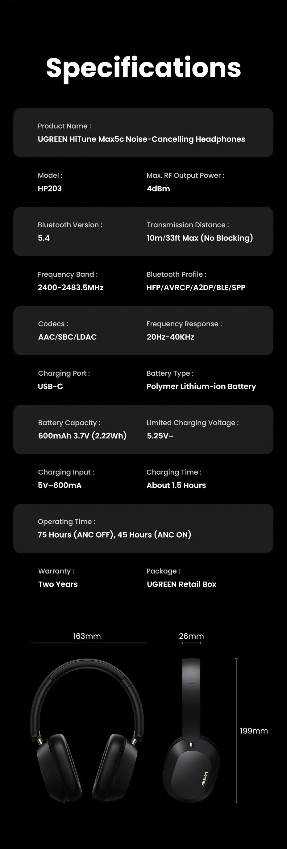 Specifications chart for headphones or audio equipment listing technical details.