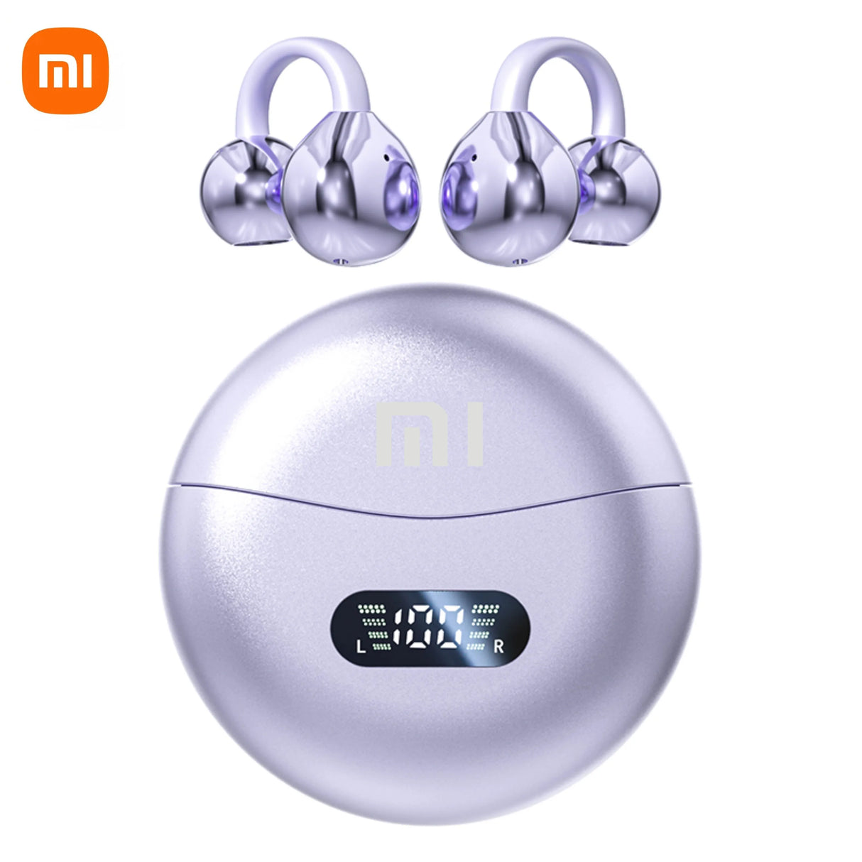 Spherical metallic charging case with a digital display, accompanied by two pairs of wireless earbuds.