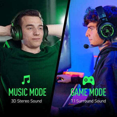 Split-screen advertisement comparing gaming headphones in music and game modes, showcasing different audio features.