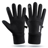a pair of black gloves with a white logo on the left hand