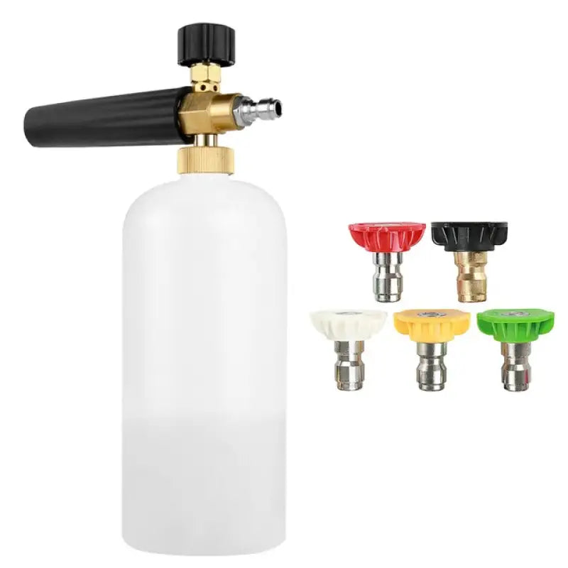 a spray gun with a white bottle and two different colors