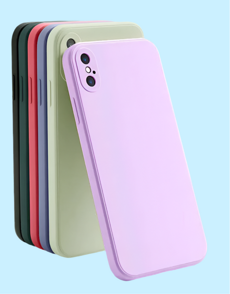 Stack of colorful smartphone cases with a light purple one prominently displayed.