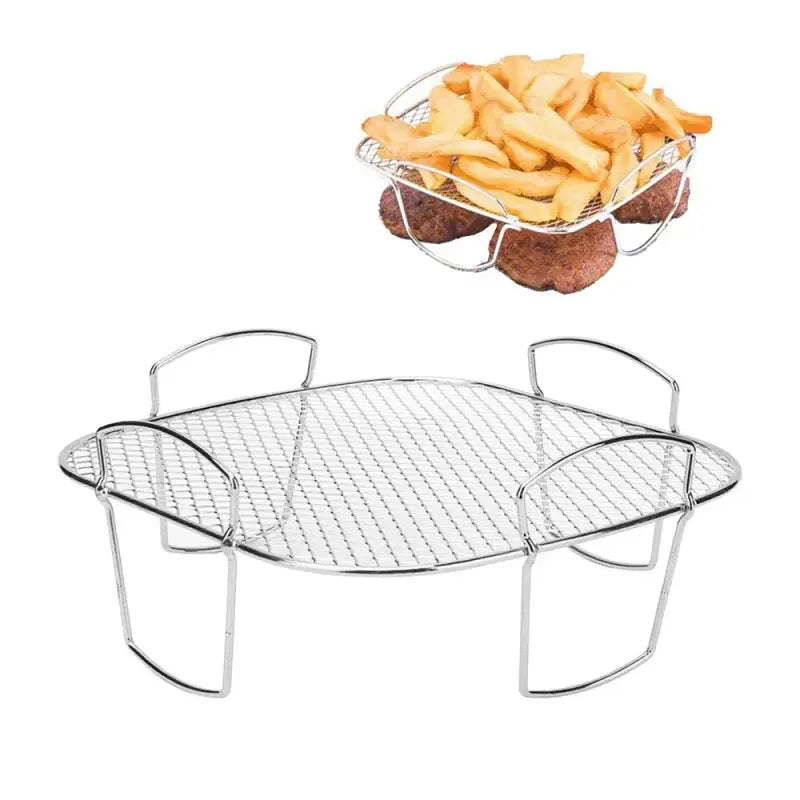 a stainless steel barbecue grill with french fries on it