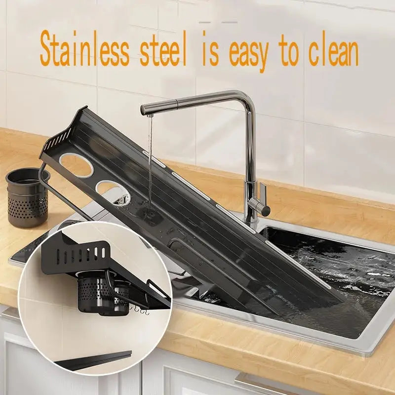 there is a sink with a drainer and a strainer attached to it