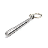 there is a metal keychain with a metal handle on a white background