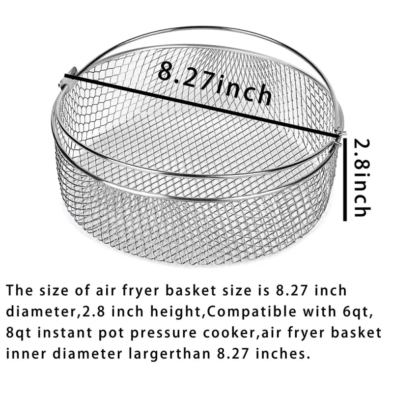a stainless wire mesh basket with measurements