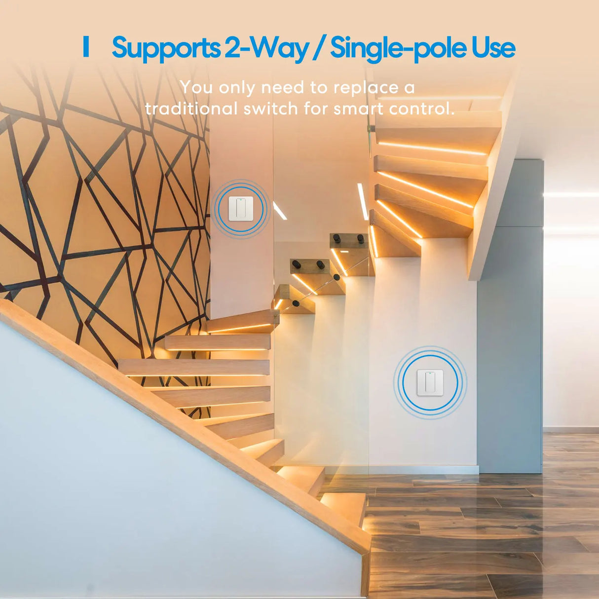 a staircase with a light on it and the words, support 2 - way single use