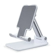 the stand for the iphone is white and has a grey base