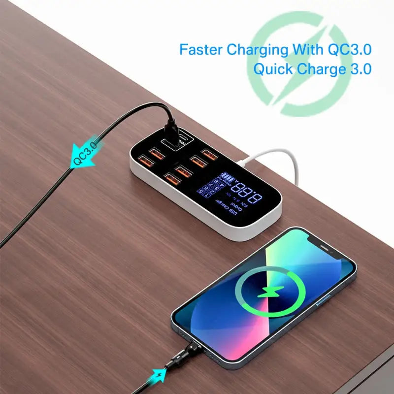 there is a charging station with a phone and a charger