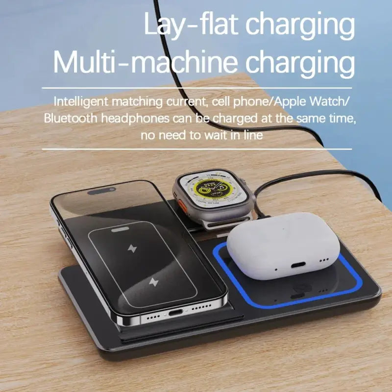 a charging station with a phone and a smart watch