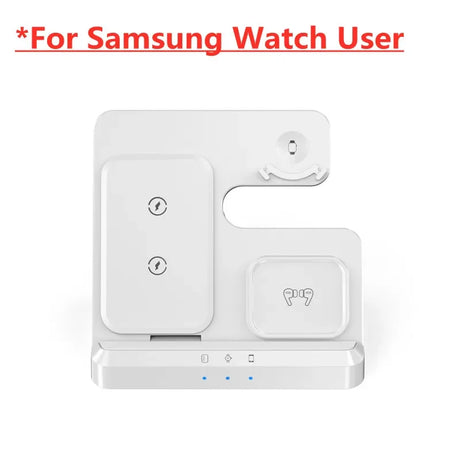 Charging station for Samsung smartwatch and other devices with multiple docking areas.