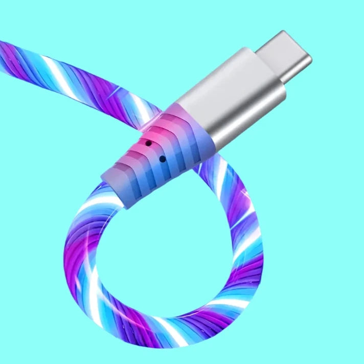 a usb cable with a glowing blue and purple glow