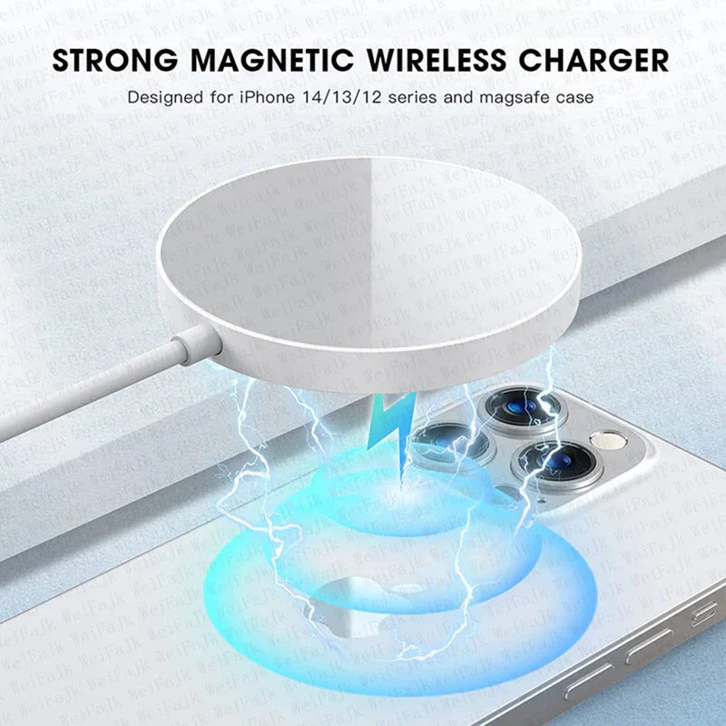 Strong magnetic wireless charger designed for iPhone models and MagSafe-compatible cases.