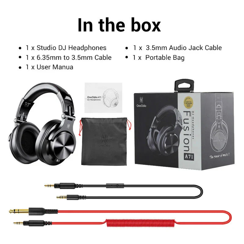 Studio DJ headphones with accompanying accessories and packaging.