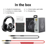 Studio DJ headphones with accompanying accessories and packaging.