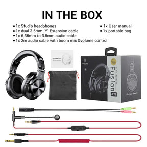 Studio headphones with accompanying accessories and packaging.