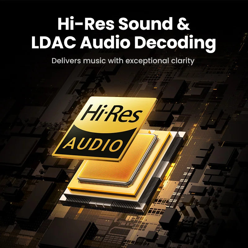 Stylized gold and orange computer chip labeled ’Hi-Res AUDIO’.