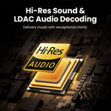 Stylized gold and orange computer chip labeled ’Hi-Res AUDIO’.