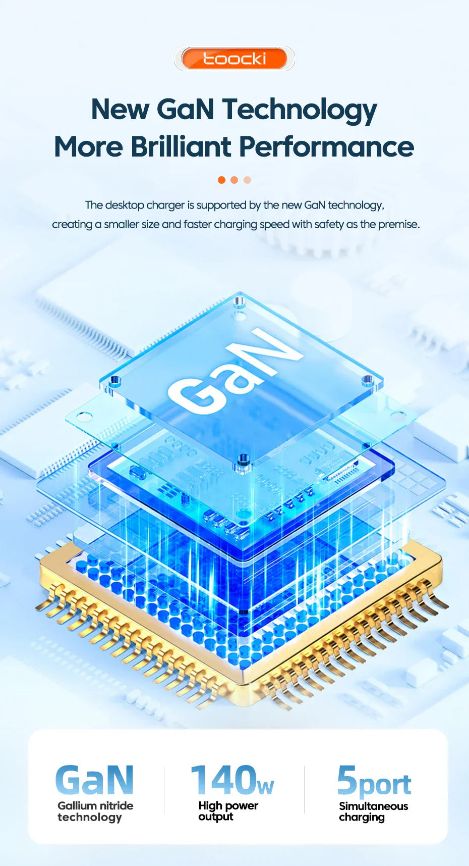 Stylized illustration of a GaN (Gallium Nitride) semiconductor chip with layered components.