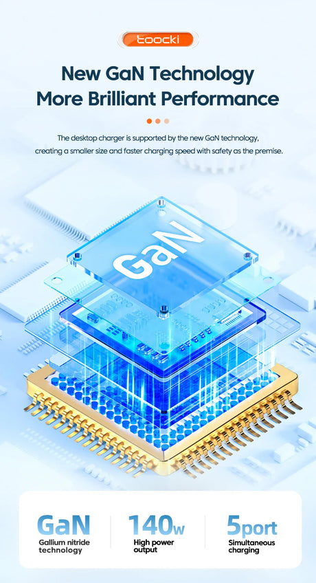 Stylized illustration of a GaN (Gallium Nitride) semiconductor chip with layered components.